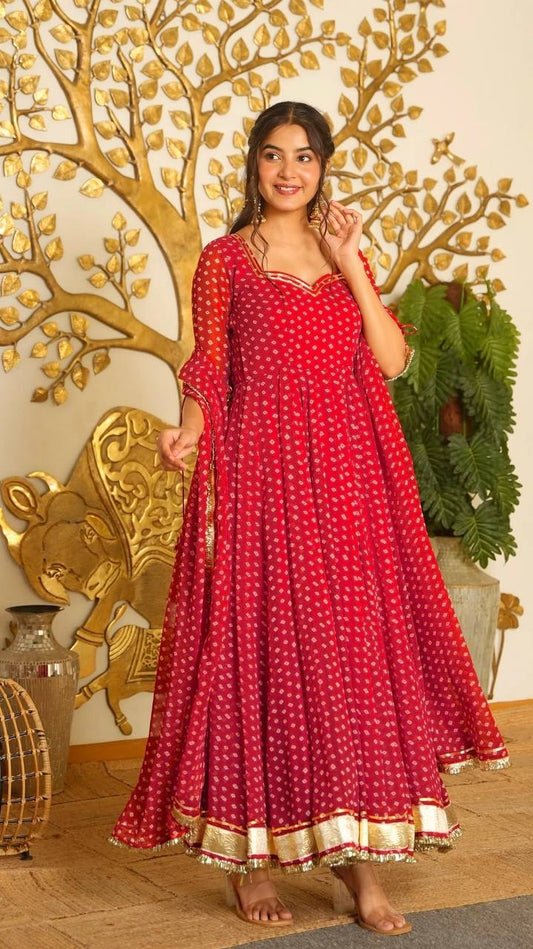 Women's Faux Georgette Printed Anarkali Suit Set with Dupatta & Pant | 4 Meter Flare