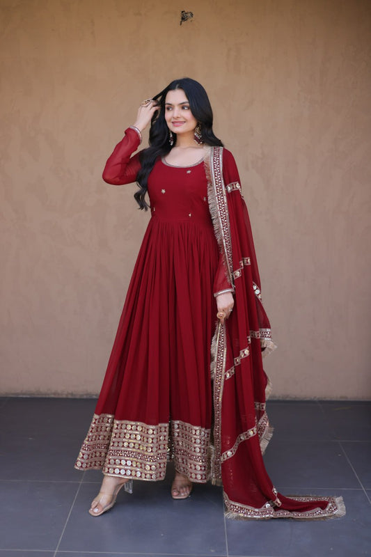 Women's Faux Blooming Embroidered Anarkali Gown with Dupatta | Zari, Sequins & Pipe Beads | Maroon & Rama Green