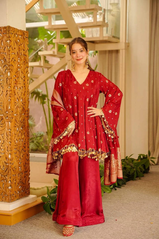 Red Banarasi Kurta Palazzo Set with Dupatta | Women's Festive & Wedding Ethnic Wear | Sworny Fashion