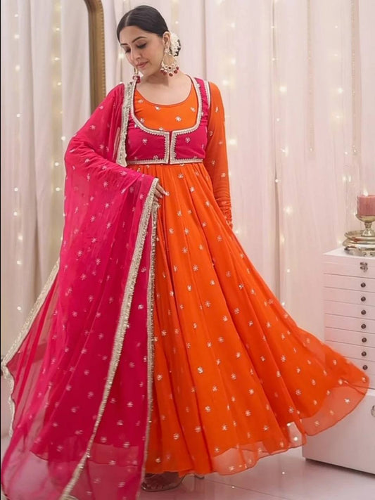 Festive Wear Floor-Length Anarkali Suit - Orange & Rani Pink Jacket Style with Sequin Detailing