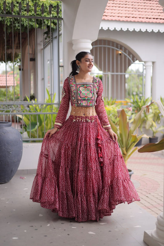 Bandhani Print Faux Georgette Lehenga Choli with Kutchi Patchwork | Sworny Fashion