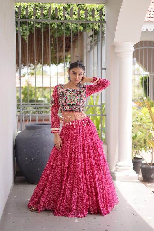 Bandhani Print Faux Georgette Lehenga Choli with Kutchi Patchwork | Sworny Fashion