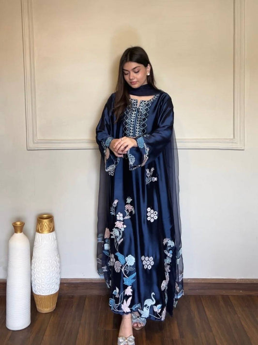 Navy Blue Embroidered Jura Silk Kaftan Kurta Set with Organza Dupatta