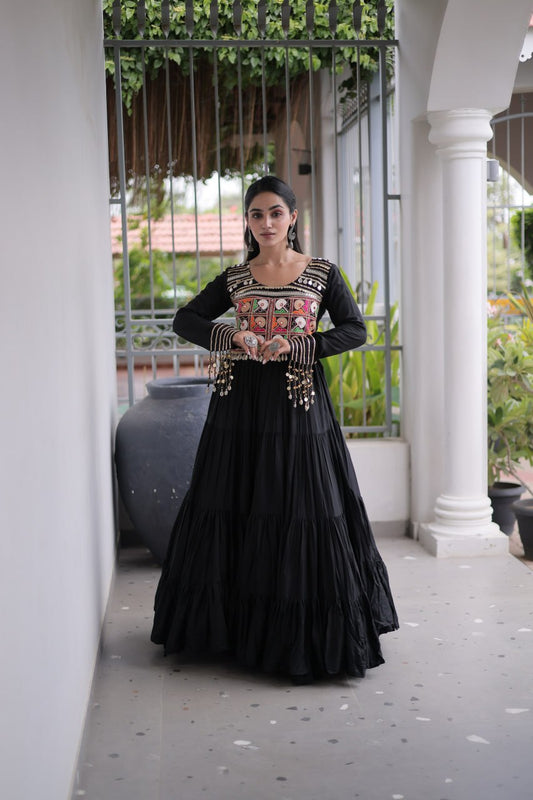 Kutchi Gamthi Embroidered Rayon Gown | Mirror Work Ethnic Maxi Dress