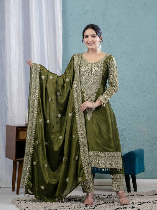 Olive Green Art Silk Embroidered Suit Set with Heavy Dupatta | Festive Party Wear