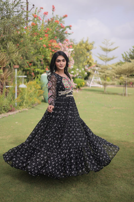 Women's Bandhani Print Faux Georgette Gown with Kutchi Patchwork | 12 Meter Flare | Cotton Lining