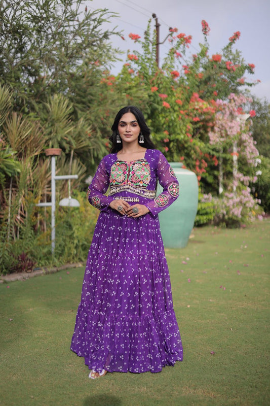 Women's Bandhani Print Faux Georgette Gown with Kutchi Patchwork | 12 Meter Flare | Cotton Lining