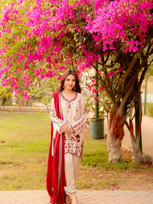 Ivory Roman Silk Embroidered Kurta Set with Red Georgette Dupatta | Women's Ethnic Suit | Festive & Party Wear