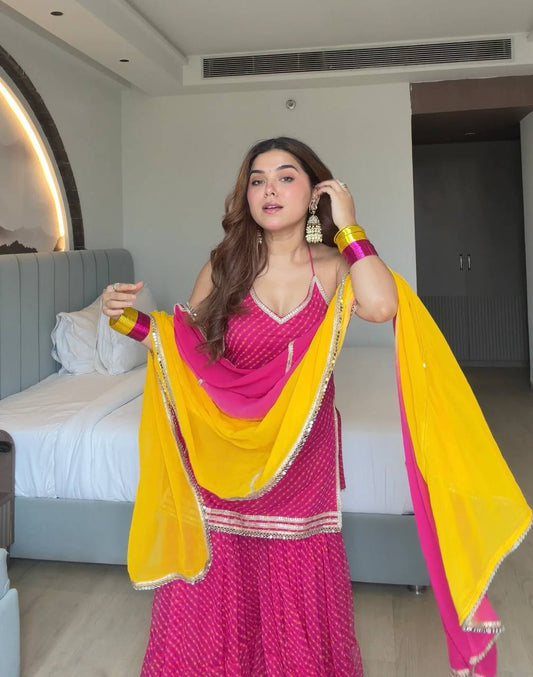 Pink Heavy Faux Georgette Mirror Work Sharara Suit Set with Dual Tone Dupatta