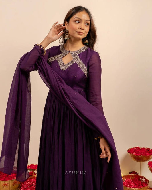 Deep Plum Georgette Anarkali Set with Diamond-Cut Back