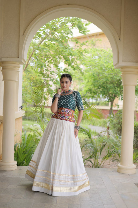 Women's Cotton Bandhej Lehenga Choli Set with Gamthi Embroidery & Gota Patti Work | 4 Blouse Colors