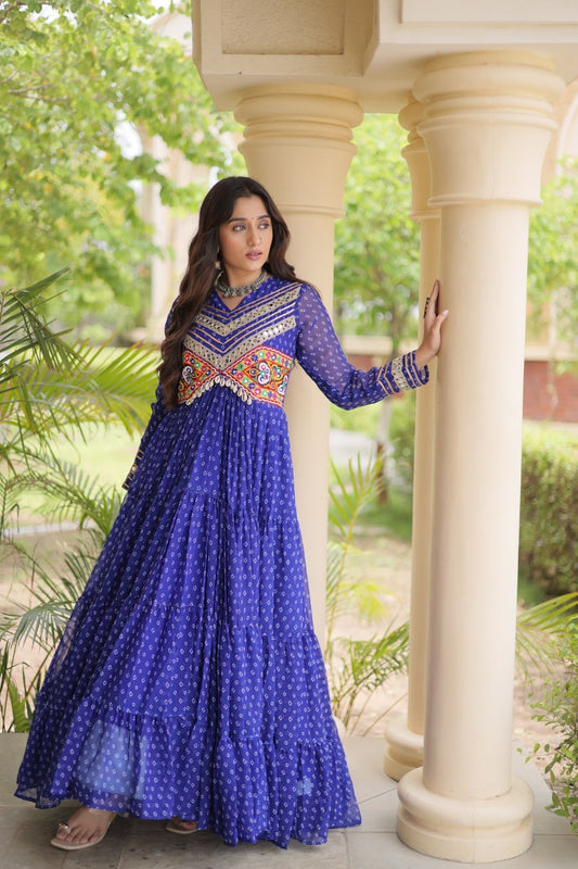 Women's Bandhani Print Faux Georgette Gown with Kutchi Patchwork | 12 Meter Flare | Ethnic Party & Festive Wear