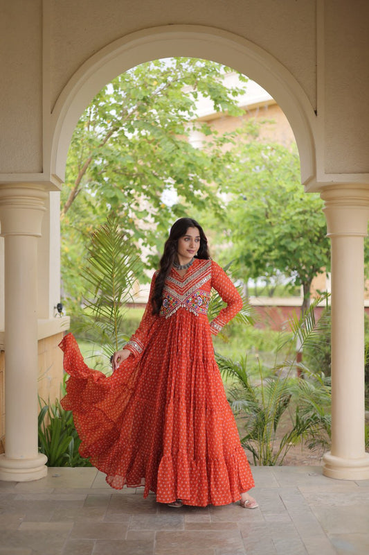 Women's Bandhani Print Faux Georgette Gown with Kutchi Patchwork | 12 Meter Flare | Ethnic Party & Festive Wear