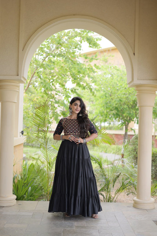 Women's Kora Cotton Embroidered Maxi Gown with Mirror Work | 12 Meter Flare | Black & Off White