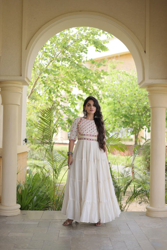 Women's Kora Cotton Embroidered Maxi Gown with Mirror Work | 12 Meter Flare | Black & Off White