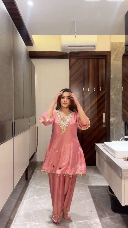 Women's Rose Pink Silk Blend Suit Set with Mirror & Coin Work