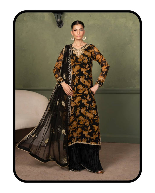 Women's Black Floral Embroidered Faux Georgette Palazzo Suit Set with Dupatta