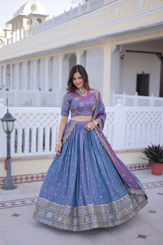 The 'Mayura' Edition: Dual-Tone Blue Silk Embroidered Lehenga Set
