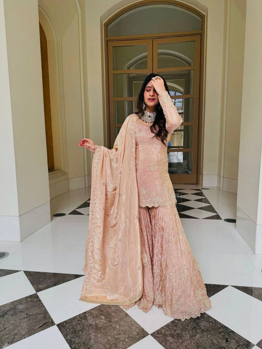 Women's Pastel Peach Party Wear Sharara Suit | Heavy Embroidered Kurta with Flared Gharara Pants & Dupatta