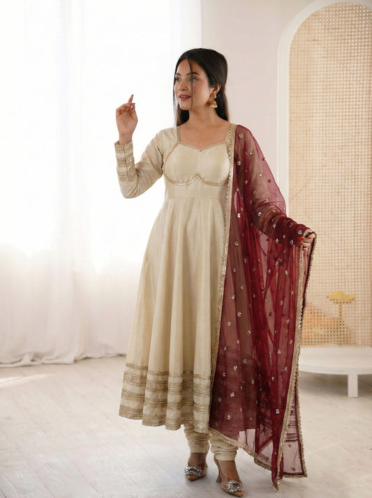 The Aanya Set: Classic Ivory Anarkali with Wine Dupatta