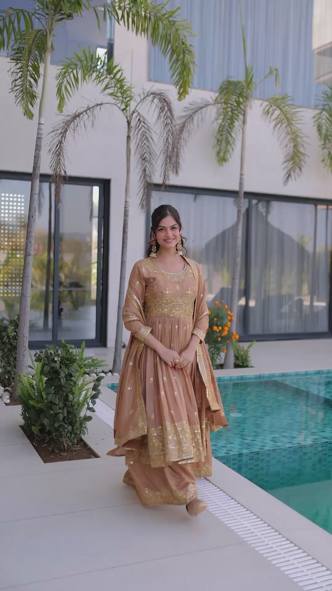 The Royal Biscuit Beige Anarkali Sharara Set | Designer Festive Wear
