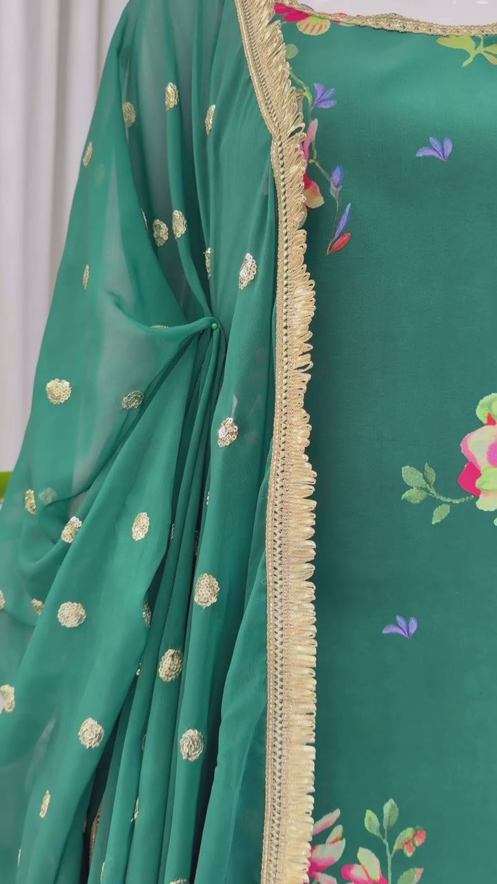 Women's Emerald Green Floral Print Georgette Sharara Suit Set with Gota Work & Dupatta - Sleeveless Festive Wear