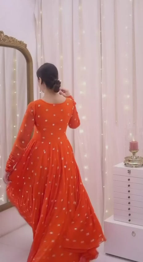 Festive Wear Floor-Length Anarkali Suit - Orange & Rani Pink Jacket Style with Sequin Detailing