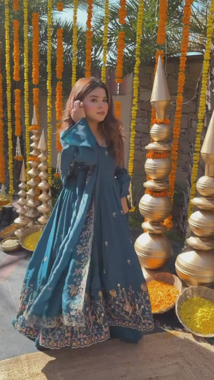 The Azure Floral Garden: Premium Teal Silk-Blend Anarkali Set with Cutwork Dupatta