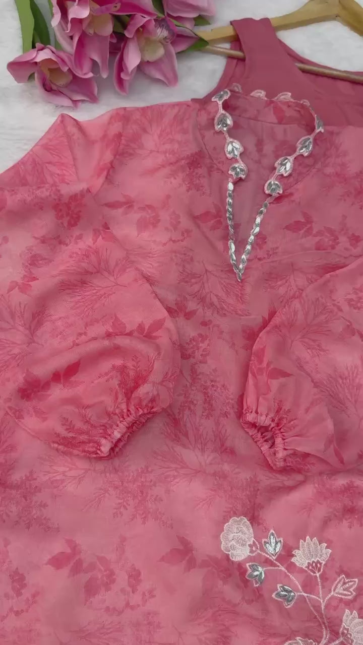 Pink Organza Mirror Work Shrug Co-Ord Set with Rayon Pants & Micro Cotton Inner