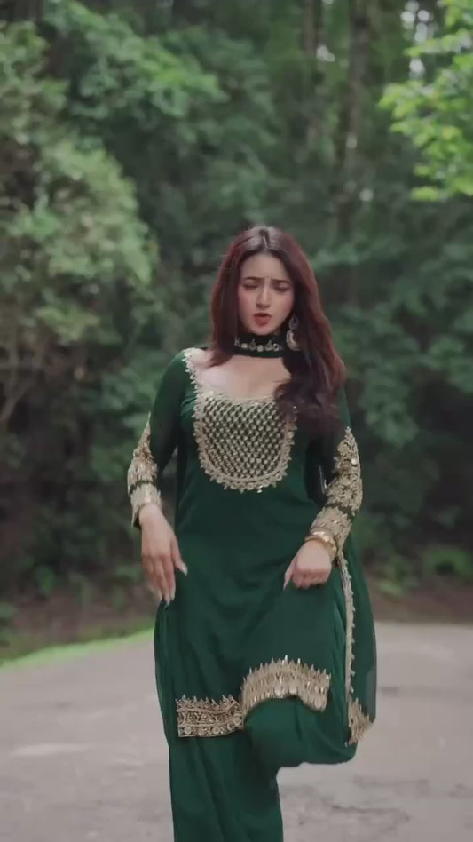 Emerald Green Premium Georgette Patiala Suit Set with Heavy Zari & Sequin Embroidery – Party Wear Salwar Kameez