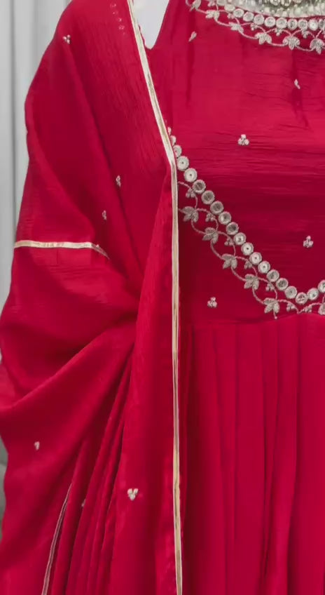 Crimson Red Embroidered Anarkali Suit Set - 3 Piece Festive Wear