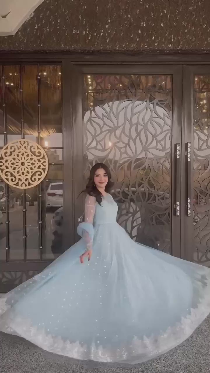 Ethereal Ice Blue Net Lehenga Choli with Silver Sequin & Zari Embroidery