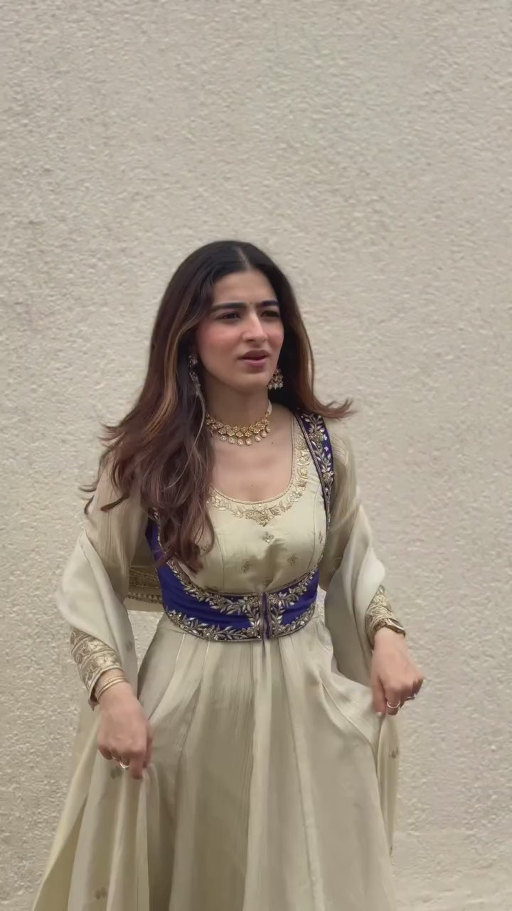 Ivory & Royal Blue Jacket-Style Anarkali Suit with Zari Embroidery