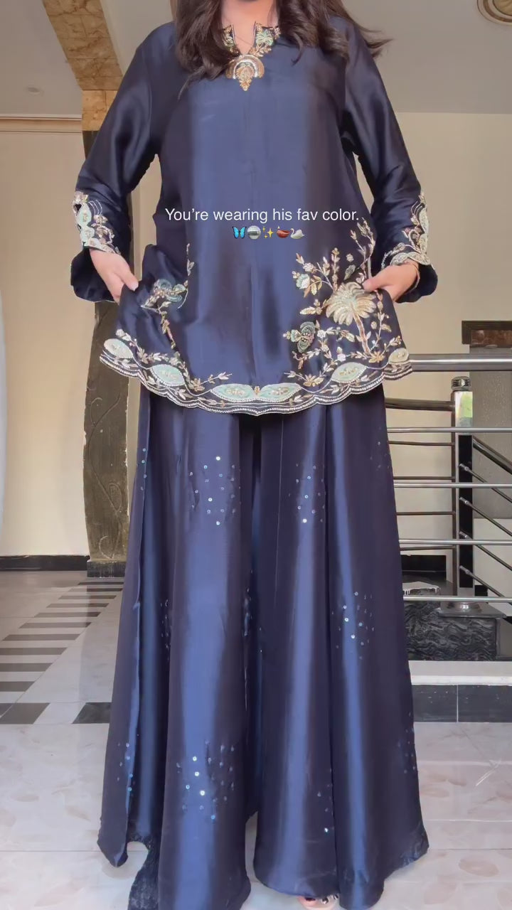 Luxe Navy Festive Suit Set with Asymmetrical Floral Embroidery