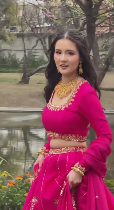 Women's Hot Pink Embroidered Georgette Lehenga Choli with Dupatta | Wedding | Reception | Festive Wear