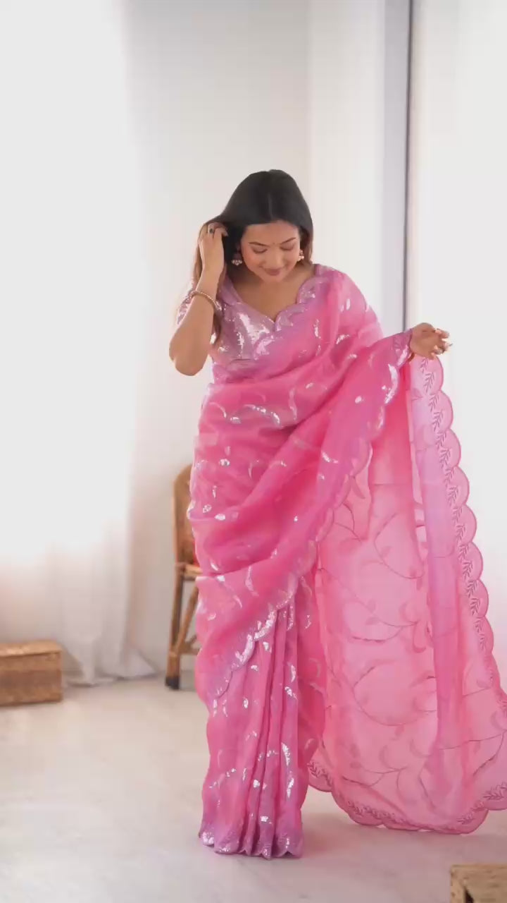 Pink Embroidered Scalloped Border Saree