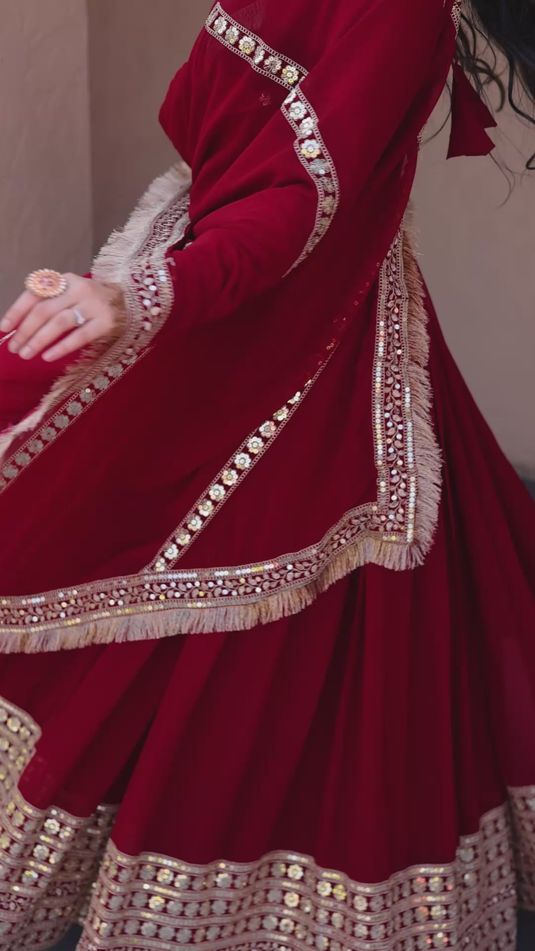 Women's Faux Blooming Embroidered Anarkali Gown with Dupatta | Zari, Sequins & Pipe Beads | Maroon & Rama Green