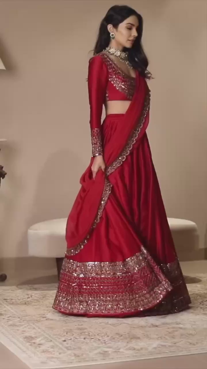 Women's Red Bridal Embroidered Lehenga Choli with Dupatta | Designer Wedding Lehenga Set