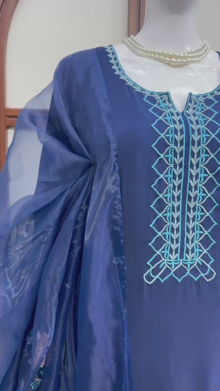 Navy Blue Embroidered Jura Silk Kaftan Kurta Set with Organza Dupatta