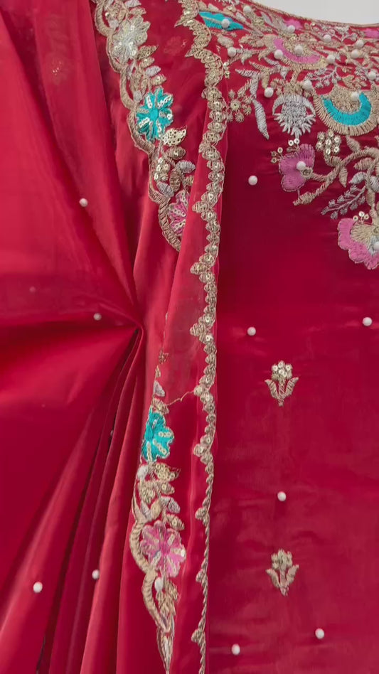 Red Floral Embroidered Designer Sharara Suit