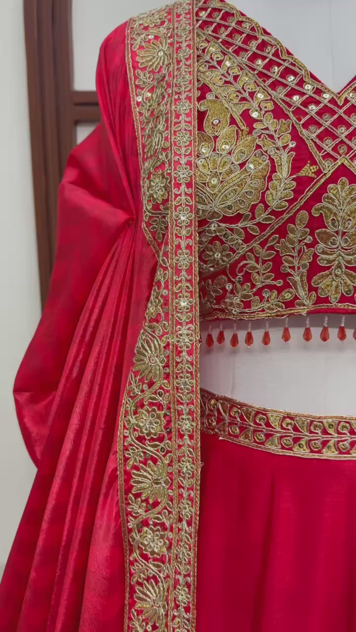 Luxury Red Chinon Lehenga Choli with Sequins Embroidery & Digital Printed Dupatta