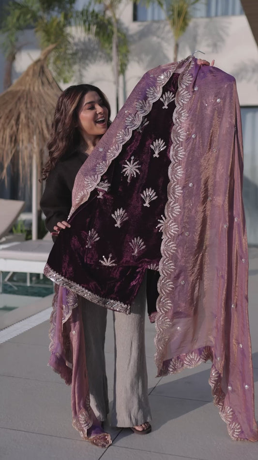Fancy V Neck Ice Velvet Embroidered Top Plazo with Dupatta