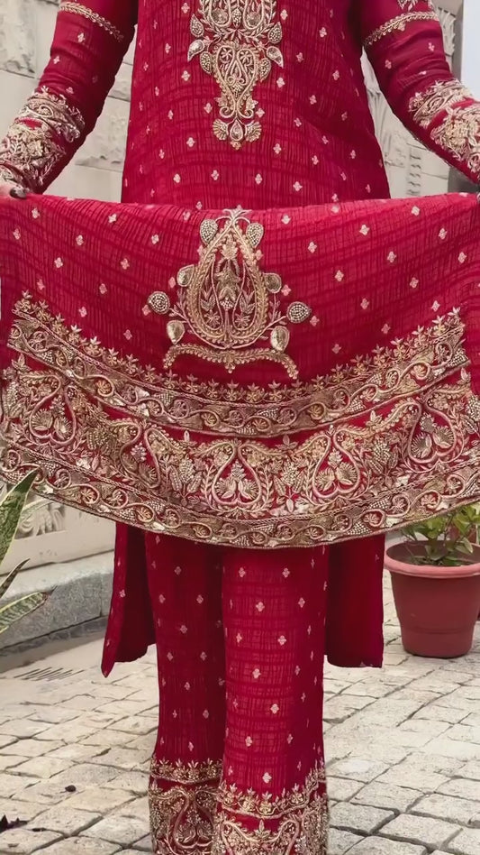 The Crimson Radiance: Embroidered Festive Sharara Set