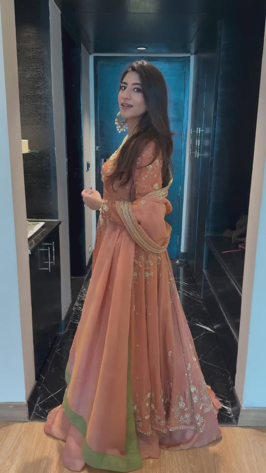 Women's Salmon Peach Party Wear Anarkali Gown with Embroidered Dupatta – Wedding & Festive Special