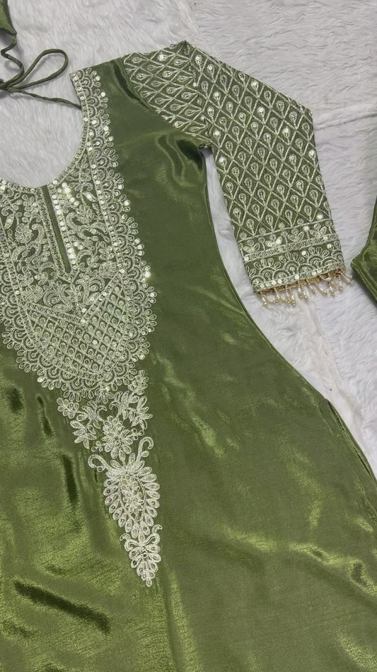 Olive Green Art Silk Embroidered Suit Set with Heavy Dupatta | Festive Party Wear