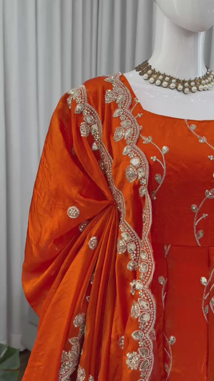 Women's Radiant Orange Silk Blend Anarkali Suit with Zari Embroidery & Scalloped Dupatta