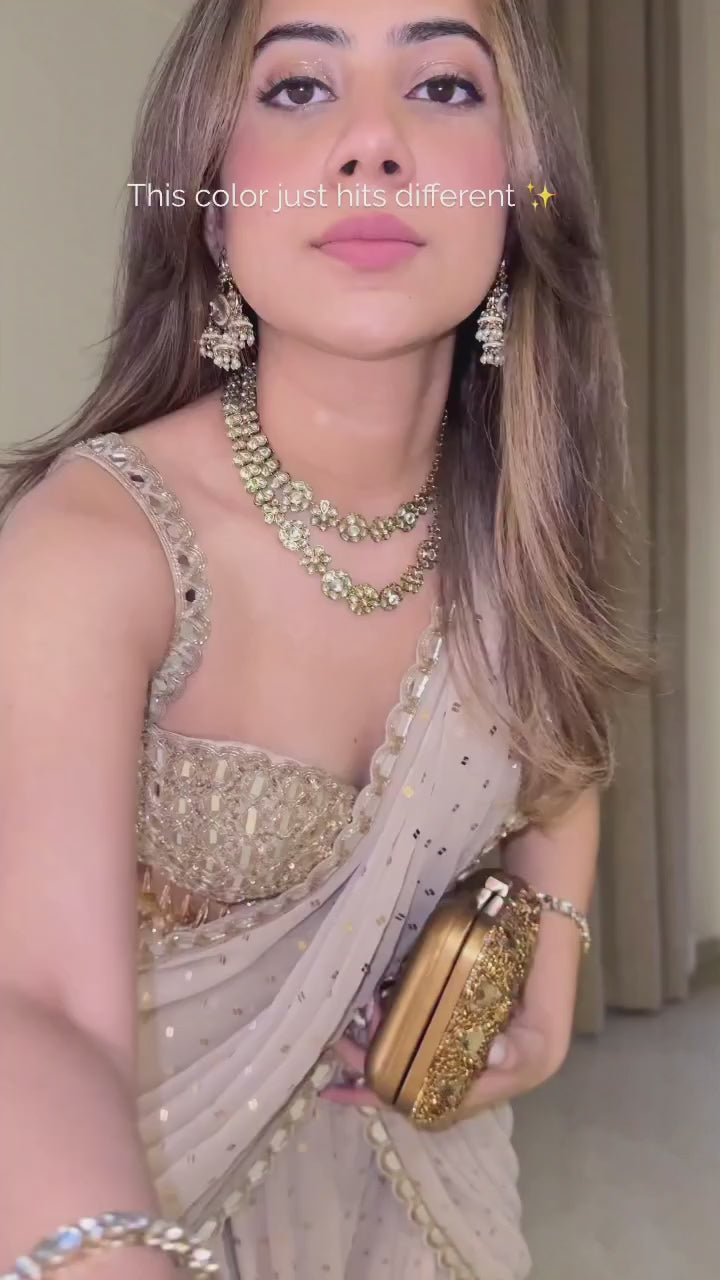 Champagne Gold Georgette Saree with Heavy Mirror-Work Bustier & Embroidered Belt