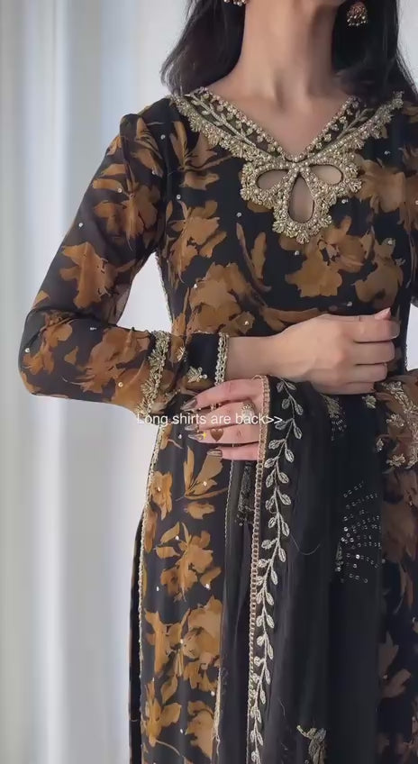 Women's Black Floral Embroidered Faux Georgette Palazzo Suit Set with Dupatta
