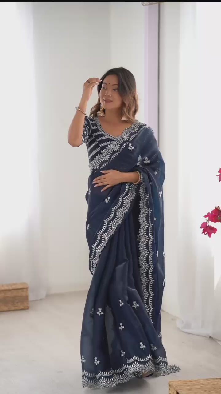 Rama Blue Tissue Silk Sequence Embroidery Saree