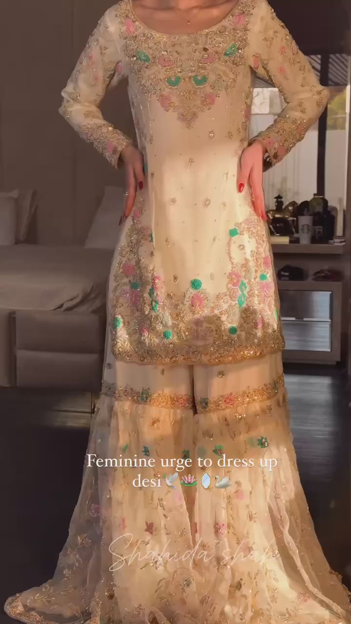 White Floral Embroidered Designer Sharara Suit (Copy)
